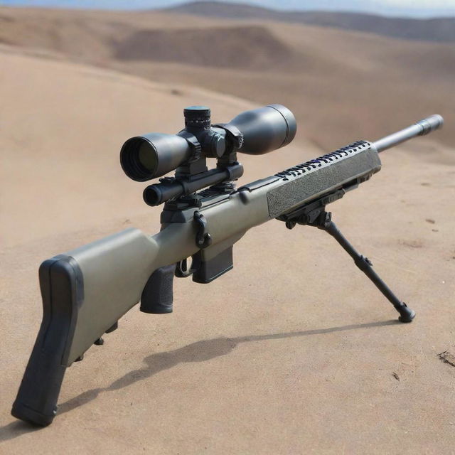 An incredibly detailed depiction of a sniper rifle, complete with a high-powered, precision scope, comfortably resting on a bipod in a safe shooting range.