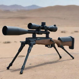 An incredibly detailed depiction of a sniper rifle, complete with a high-powered, precision scope, comfortably resting on a bipod in a safe shooting range.