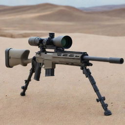 An incredibly detailed depiction of a sniper rifle, complete with a high-powered, precision scope, comfortably resting on a bipod in a safe shooting range.