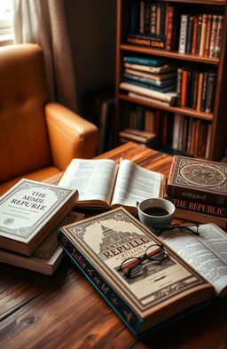 A collection of philosophical books arranged on a wooden desk, with soft warm lighting enhancing the ambiance