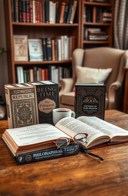 A collection of philosophical books arranged on a wooden desk, with soft warm lighting enhancing the ambiance