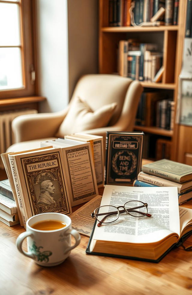 A collection of philosophical books arranged on a wooden desk, with soft warm lighting enhancing the ambiance