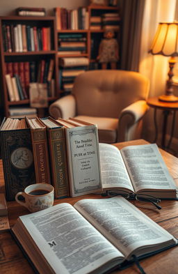 A collection of philosophical books arranged on a wooden desk, with soft warm lighting enhancing the ambiance