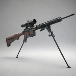 A highly detailed depiction of a carbine rifle, from its sturdy stock to its precise barrel, perched securely on a shooting stand in a controlled environment.