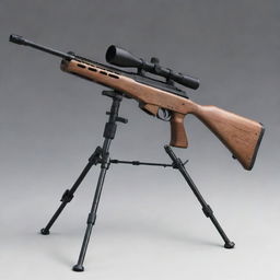 A highly detailed depiction of a carbine rifle, from its sturdy stock to its precise barrel, perched securely on a shooting stand in a controlled environment.