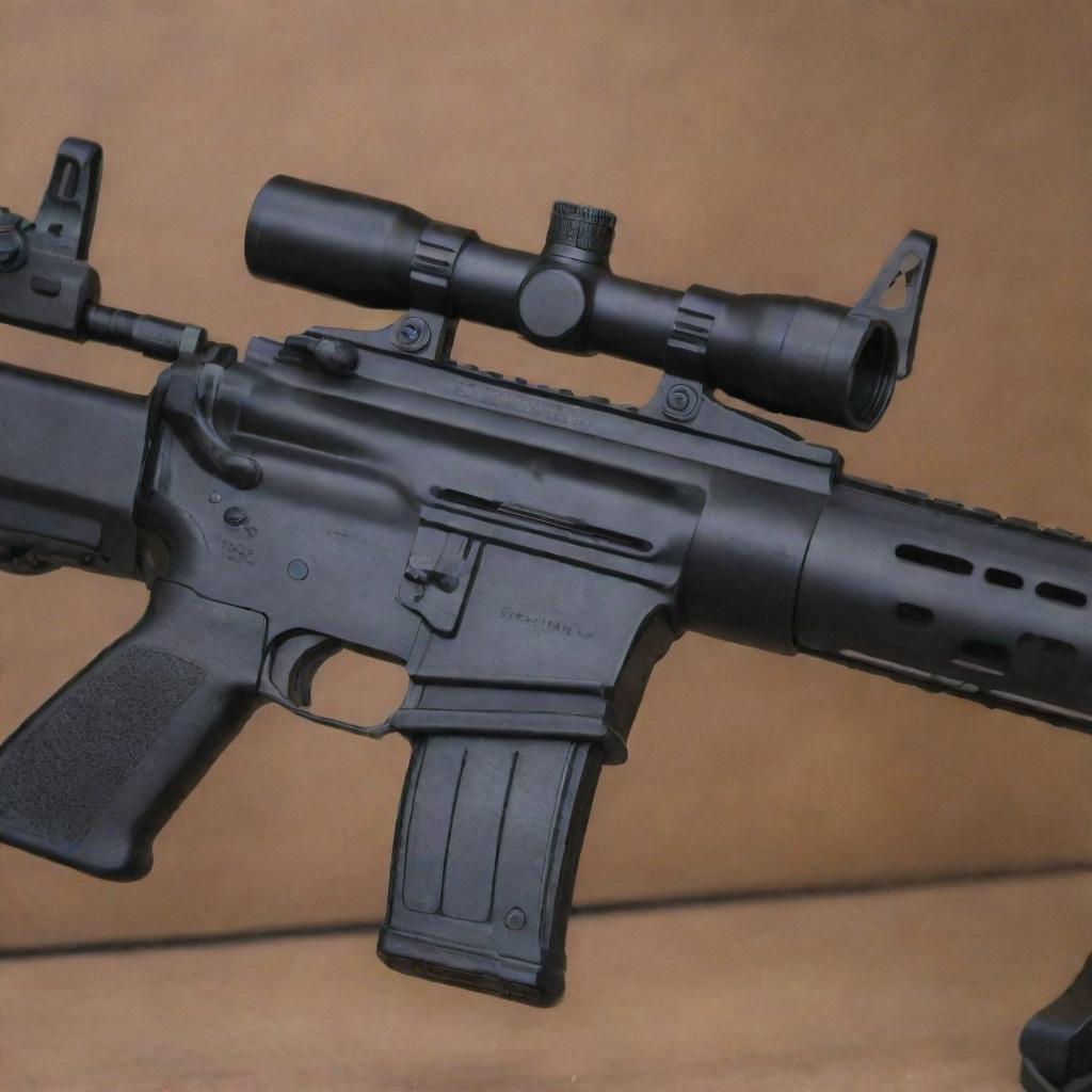 An excellently detailed image of a carbine rifle, highlighting its compact design, sturdy stock, and precise barrel, displayed safely on a gun rack in a secure setting.