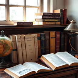 An aesthetically pleasing arrangement of philosophical books displayed on an antique wooden shelf