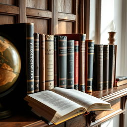 An aesthetically pleasing arrangement of philosophical books displayed on an antique wooden shelf