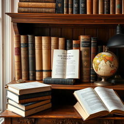 An aesthetically pleasing arrangement of philosophical books displayed on an antique wooden shelf