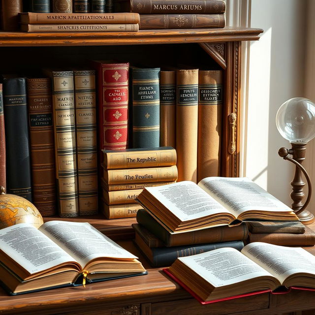 An aesthetically pleasing arrangement of philosophical books displayed on an antique wooden shelf