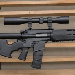 An excellently detailed image of a carbine rifle, highlighting its compact design, sturdy stock, and precise barrel, displayed safely on a gun rack in a secure setting.