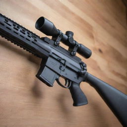 An excellently detailed image of a carbine rifle, highlighting its compact design, sturdy stock, and precise barrel, displayed safely on a gun rack in a secure setting.