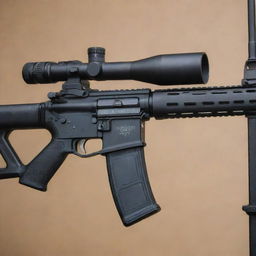 An excellently detailed image of a carbine rifle, highlighting its compact design, sturdy stock, and precise barrel, displayed safely on a gun rack in a secure setting.