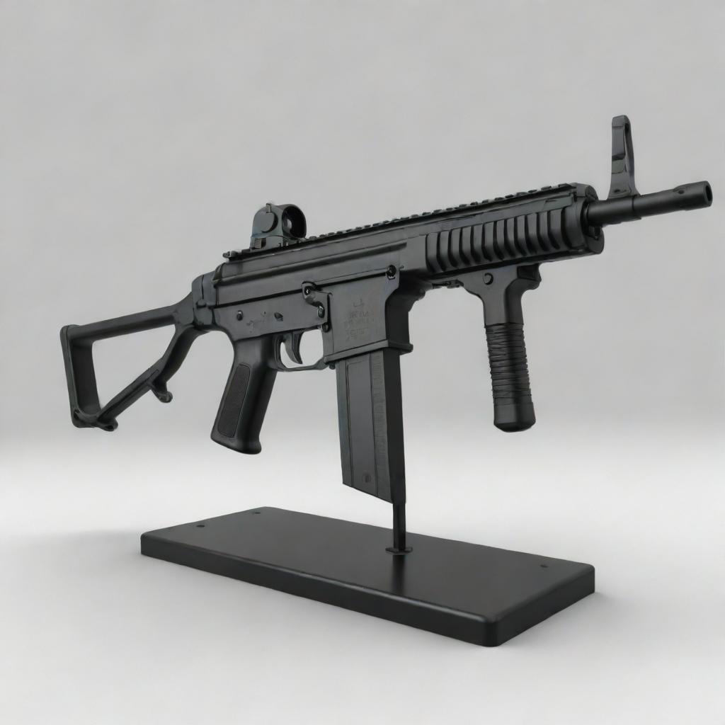 A highly detailed representation of a submachine gun, showcasing its compact design, high rate of fire and magazine, positioned safely on a secure display stand within a controlled environment.