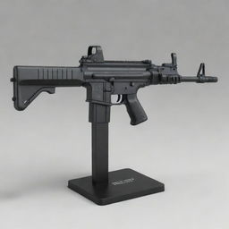 A highly detailed representation of a submachine gun, showcasing its compact design, high rate of fire and magazine, positioned safely on a secure display stand within a controlled environment.