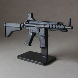 A highly detailed representation of a submachine gun, showcasing its compact design, high rate of fire and magazine, positioned safely on a secure display stand within a controlled environment.