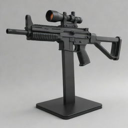 A highly detailed representation of a submachine gun, showcasing its compact design, high rate of fire and magazine, positioned safely on a secure display stand within a controlled environment.