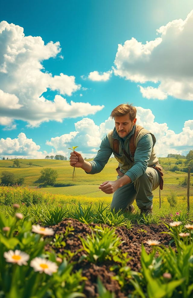 A heroic depiction of a man in a vibrant landscape, passionately tending to the soil and planting seeds