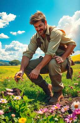 A heroic depiction of a man in a vibrant landscape, passionately tending to the soil and planting seeds