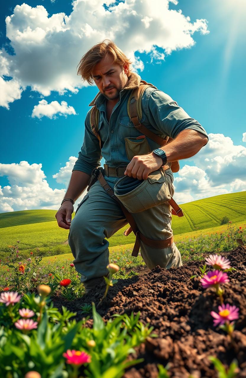 A heroic depiction of a man in a vibrant landscape, passionately tending to the soil and planting seeds