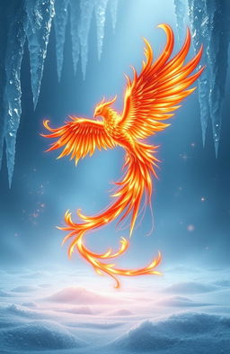 A stunning and fantastical scene featuring a majestic phoenix with radiant fiery feathers set against an icy blue background