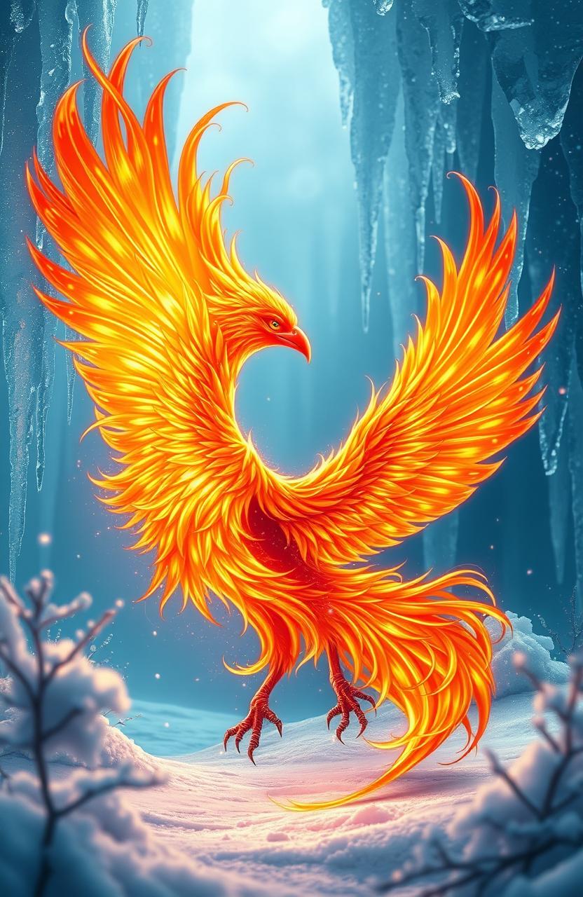 A stunning and fantastical scene featuring a majestic phoenix with radiant fiery feathers set against an icy blue background