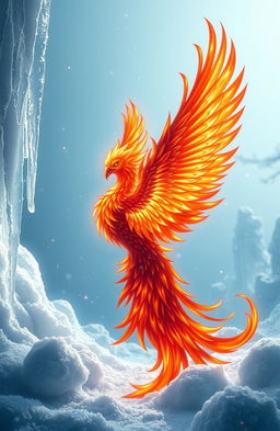 A stunning and fantastical scene featuring a majestic phoenix with radiant fiery feathers set against an icy blue background