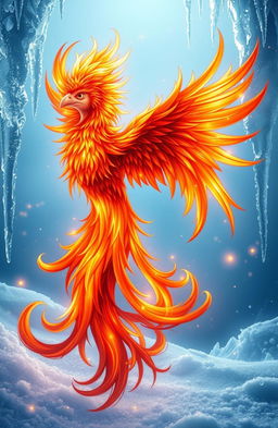 A stunning and fantastical scene featuring a majestic phoenix with radiant fiery feathers set against an icy blue background