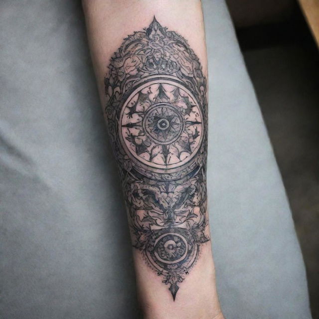 Intricate forearm tattoo design inspired by the theme of 'Sleep Token', incorporating symbols of sleep, tranquility and spiritual elements