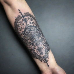 Intricate forearm tattoo design inspired by the theme of 'Sleep Token', incorporating symbols of sleep, tranquility and spiritual elements