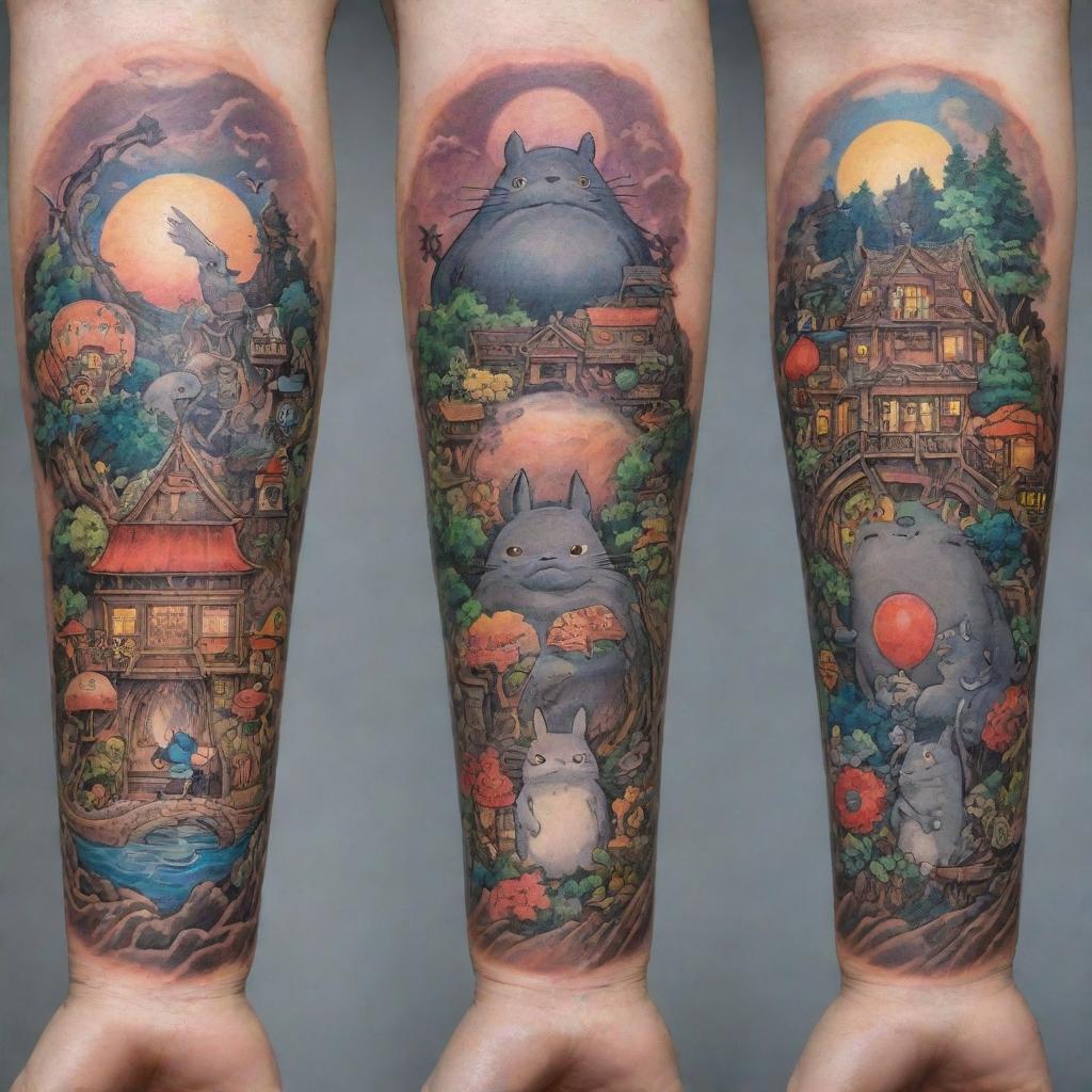 A lively, detailed forearm tattoo design featuring iconic Studio Ghibli characters and scenes, encompassing the magic, whimsy, and profound narrative threads of their films