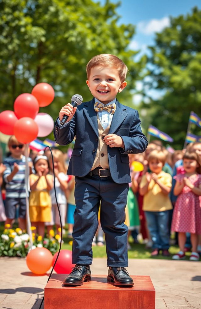 A charming scene depicting a young boy dressed as a little leader, confidently standing on a small podium with a toy microphone in hand, wearing a smart suit complete with a bow tie and polished shoes