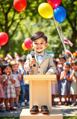 A charming scene depicting a young boy dressed as a little leader, confidently standing on a small podium with a toy microphone in hand, wearing a smart suit complete with a bow tie and polished shoes
