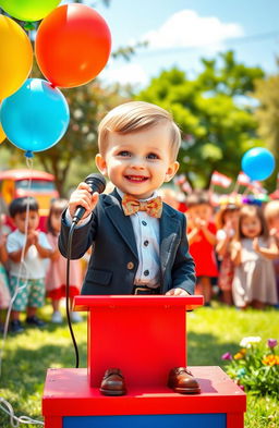 A charming scene depicting a young boy dressed as a little leader, confidently standing on a small podium with a toy microphone in hand, wearing a smart suit complete with a bow tie and polished shoes