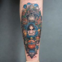 A lively, detailed forearm tattoo design featuring iconic Studio Ghibli characters and scenes, encompassing the magic, whimsy, and profound narrative threads of their films