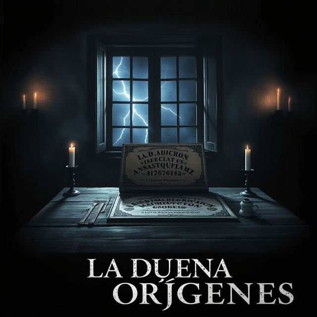 A horror movie poster titled "La Dueña Orígenes" featuring a dark and eerie atmosphere