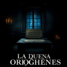 A horror movie poster titled "La Dueña Orígenes" featuring a dark and eerie atmosphere