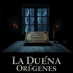 A horror movie poster titled "La Dueña Orígenes" featuring a dark and eerie atmosphere