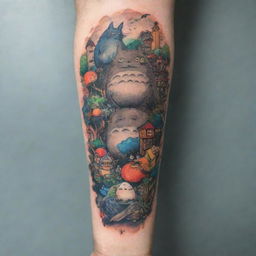 A lively, detailed forearm tattoo design featuring iconic Studio Ghibli characters and scenes, encompassing the magic, whimsy, and profound narrative threads of their films