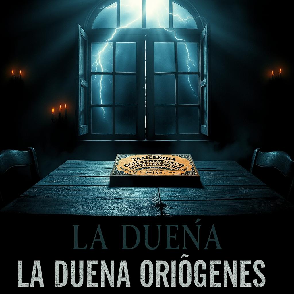 A horror movie poster titled "La Dueña Orígenes" featuring a dark and eerie atmosphere