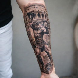 A dramatic forearm tattoo design depicting a gladiator in a breathtaking combat scene, with details of Roman architecture and the Colosseum