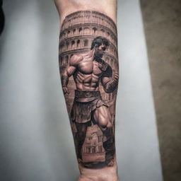 A dramatic forearm tattoo design depicting a gladiator in a breathtaking combat scene, with details of Roman architecture and the Colosseum