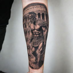 A dramatic forearm tattoo design depicting a gladiator in a breathtaking combat scene, with details of Roman architecture and the Colosseum