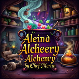 A whimsical and enchanting book cover for a fantasy cookbook titled 'Culinary Alchemy by Chef Merlin'