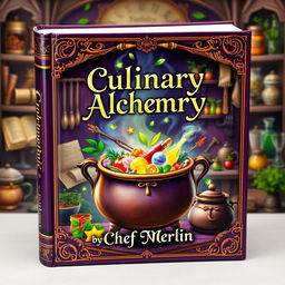 A whimsical and enchanting book cover for a fantasy cookbook titled 'Culinary Alchemy by Chef Merlin'