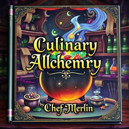 A whimsical and enchanting book cover for a fantasy cookbook titled 'Culinary Alchemy by Chef Merlin'