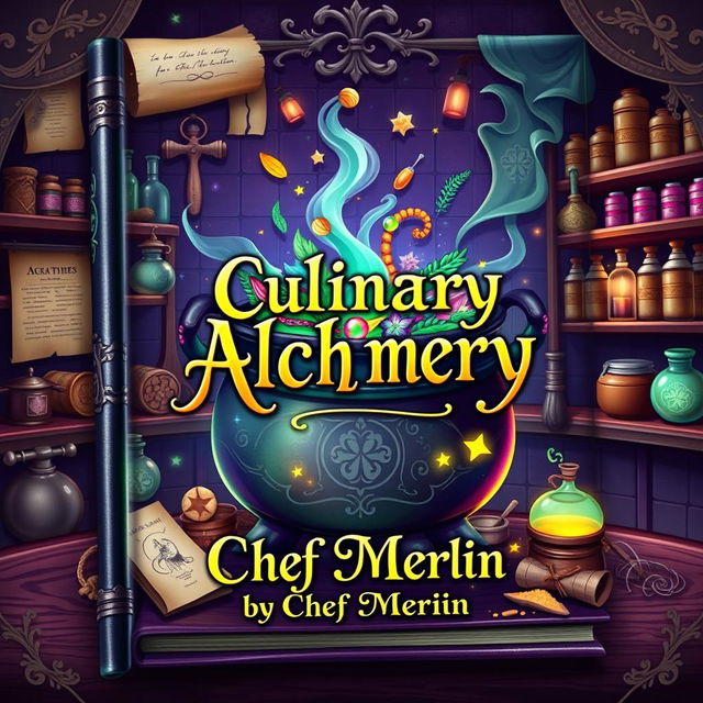 A whimsical and enchanting book cover for a fantasy cookbook titled 'Culinary Alchemy by Chef Merlin'