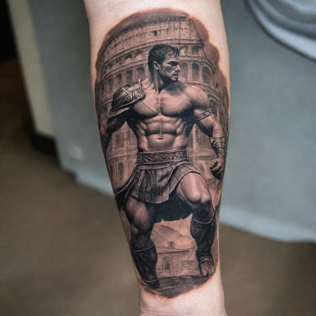 A dramatic forearm tattoo design depicting a gladiator in a breathtaking combat scene, with details of Roman architecture and the Colosseum