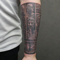 A highly-detailed forearm tattoo featuring key scenes and symbols from the movie 'Gladiator', transporting the wearer back to the grandeur and drama of Ancient Rome