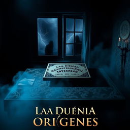 A horror movie poster titled "La Dueña Orígenes" set in a dark and foreboding environment